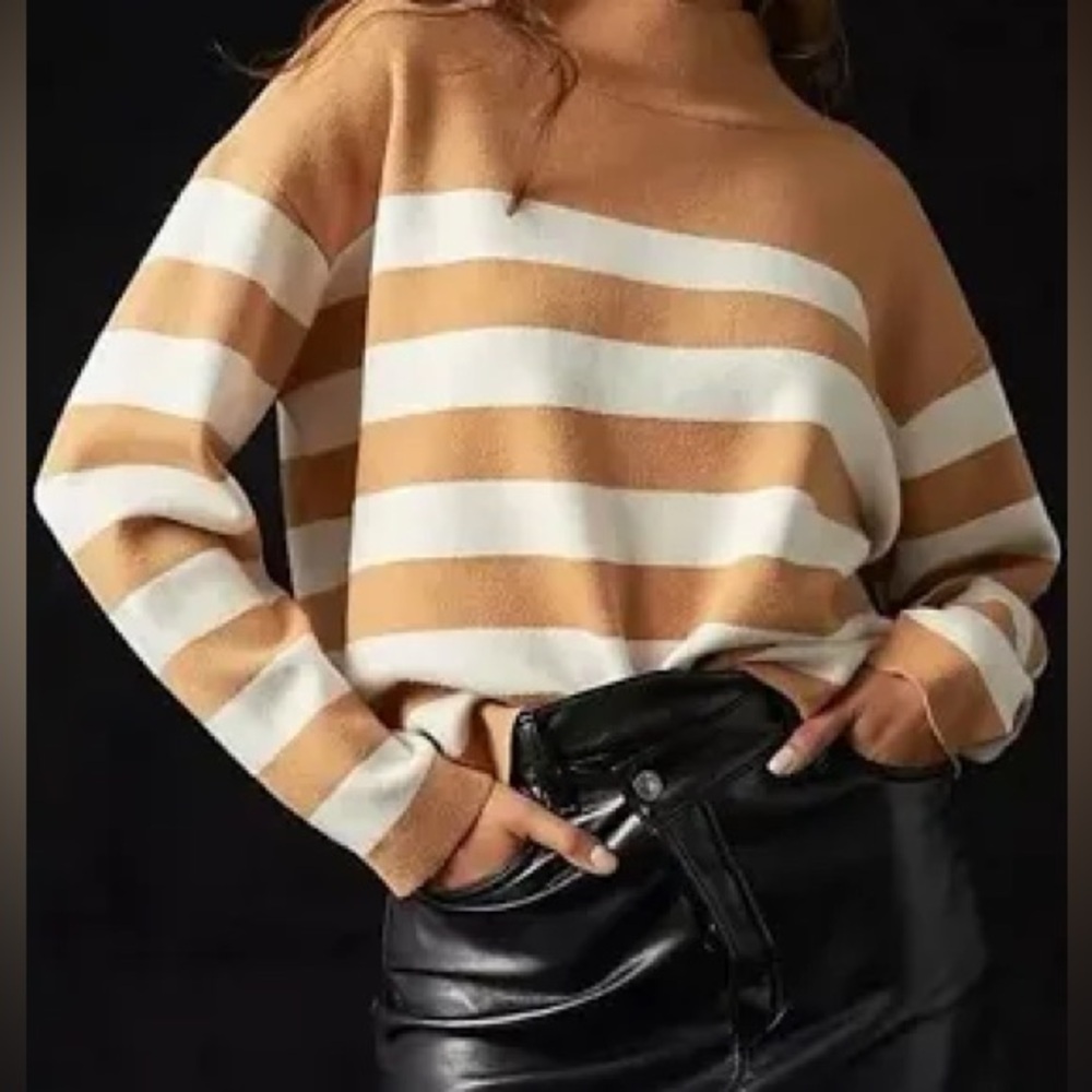 Maeve Camel and White Striped Knit Top